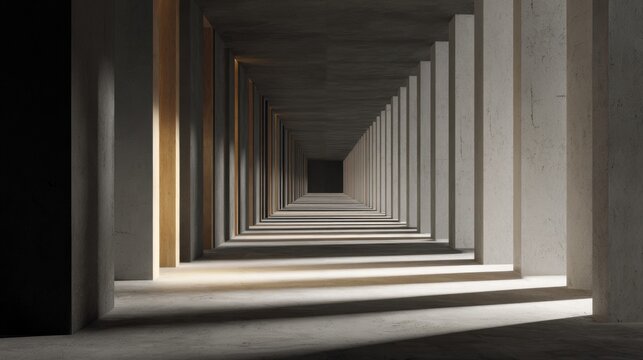 Infinite corridor with dramatic shadows and geometric patterns in modern architecture - Powered by Adobe
