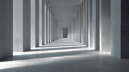 Modern architectural corridor with repetitive pillars and dramatic shadows