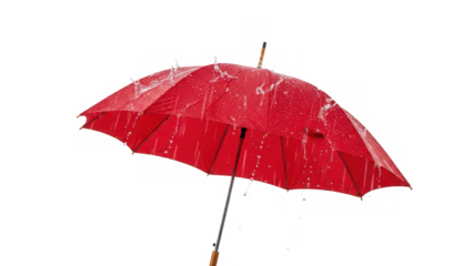 A vibrant red umbrella provides shelter from a downpour, with water splashing dynamically. isolated on transparent background