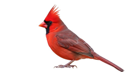 Isolated Northern Cardinal Perched, a Vibrant Red Bird with Crest Feathers and Black Mask