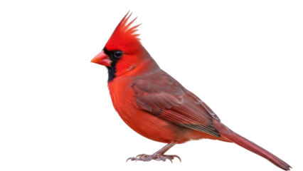 Isolated Northern Cardinal Perched, a Vibrant Red Bird with Crest Feathers and Black Mask