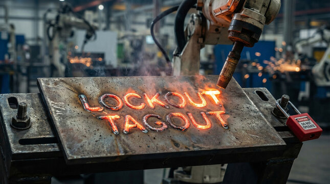 Welded text lockout tagout on metal plate with robotic welding arm in background and red safety padlock for industrial manufacturing concepts