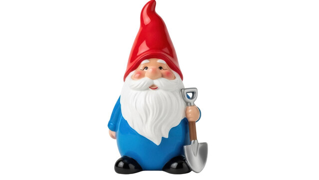 Isolated garden gnome statue holding shovel for summer gardening decoration, home decor