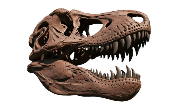 Isolated Tyrannosaurus Rex skull featuring sharp teeth, paleontological remains on display