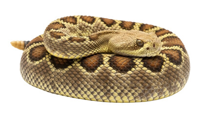 Isolated Diamondback Rattlesnake coiled up and ready to strike, predator snake wild animal