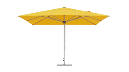 Isolated yellow patio umbrella for garden or terrace summertime shade, against neutral