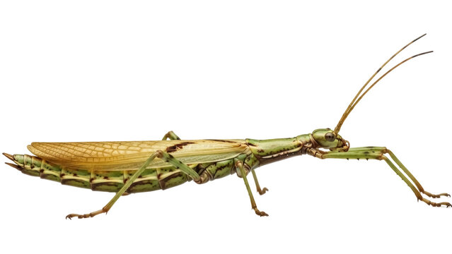 Isolated Jungle Nymph stick insect posing in studio lighting, Phyllium siccifolium bug
