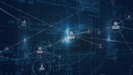 Animation of network of connections with people icons over data processing - Powered by Adobe