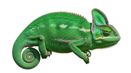 Isolated Exotic Green Veiled Chameleon Pet with Detailed Scales and Spiraled Tail Closeup