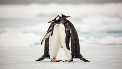 Obraz premium Two gentoo penguins huddle together on a vast expanse of snow and ice in Antarctica, showcasing a tender moment of companionship in the cold.