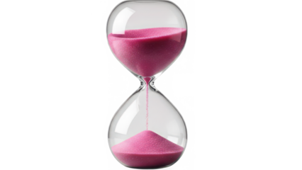 Vibrant pink sand flowing gracefully through a clear glass hourglass, marking the passage of time isolated on transparent background