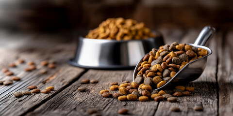 Dry pet food in a metal bowl spilled from a steel scoop onto a wooden floor, an idea for a poster advertising food balanced with vitamins and nutrients for the healthy development of pets