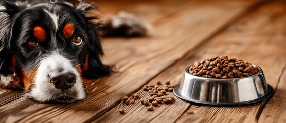 Concept of feeding a hungry pet in a special area of the house, a sad dog lying near a bowl of food, caring for the health of adopted pets and choosing the right food