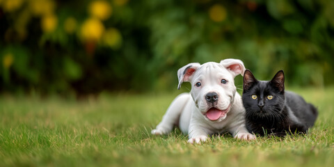 cute American Bulldog puppy and a black kitten companion are relaxing on the lawn, Copy Space concept, adopted pets from the shelter