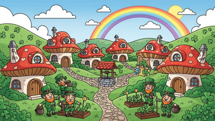 Obraz premium Leprechauns Gardening in Mushroom Houses under Rainbow