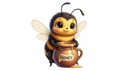 A cheerful cartoon bee character lovingly carries a rustic pot filled with golden honey. isolated on transparent background