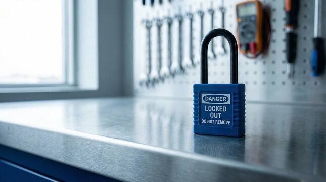 Blue safety padlock standing on metal workbench in workshop with tools background ready for lockout tagout procedures