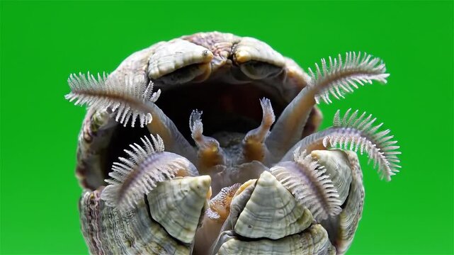 Close-up view of a barnacle with its feathery feeding appendages extended against a green background.