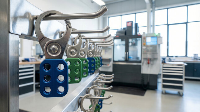 Industrial lockout tagout hasps hanging on metal rack in manufacturing workshop with cnc machine background for energy isolation safety and maintenance compliance.