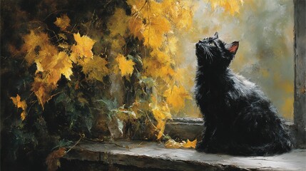 Obraz premium Black Cat Gazing from Window with Golden Vine