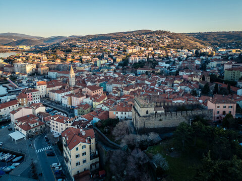 Muggia and its gulf. Historic center seen from above.