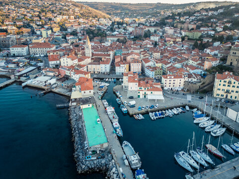 Muggia and its gulf. Historic center seen from above.