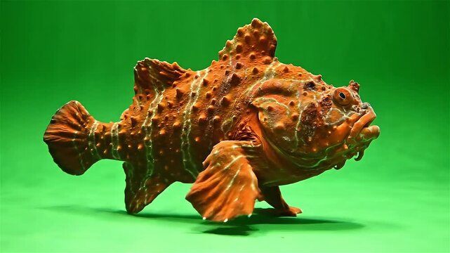 A vibrant orange textured frogfish with bumpy skin against a plain green background.
