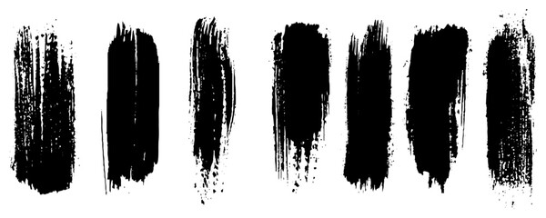 Set of 7 black brush strokes in form of paint spots with jagged, smudged edges. Dirty artistic design element, box, frame or background for text. Vector illustration