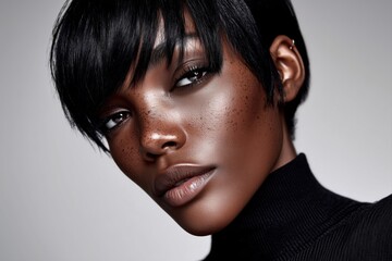 Contemporary fashion beauty portrait of young Black African female model with deep dark skin and fringe haircut. Clean studio close up with soft confidence and modern elegance