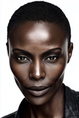 Modern fashion beauty portrait of young Black African female model with deep dark skin and cropped hair. Clean studio close up with intense confident look and minimal elegance