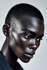 Minimal fashion beauty portrait of young Black African woman in profile with deep dark skin tone. Clean studio close up with dramatic light and thoughtful mood