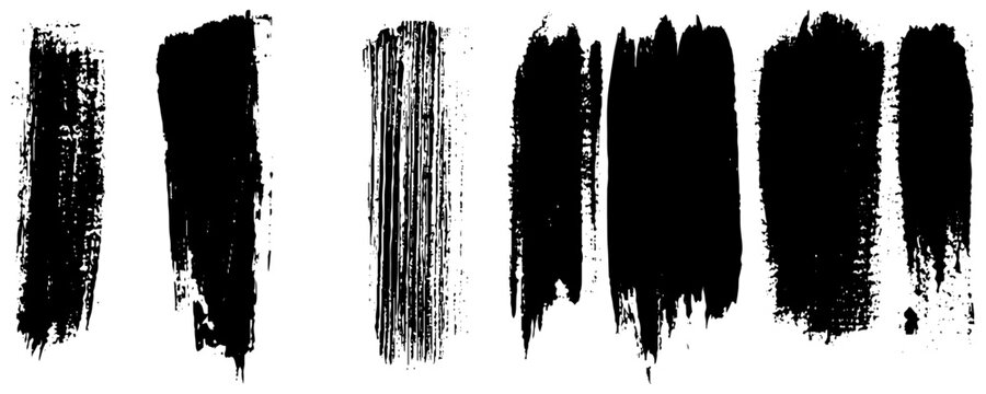 Set of 7 black brush strokes in form of paint spots with jagged, smudged edges. Painted grunge stripes set. Black labels, background, paint texture. Vector collection.