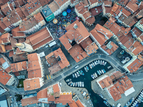 Muggia and its gulf. Historic center seen from above.