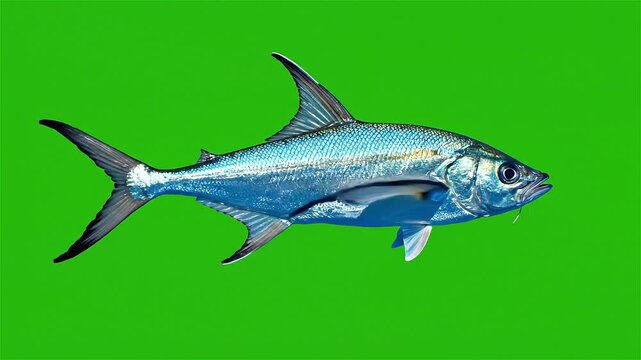 A silver fish with prominent fins and barbels swimming against a vibrant green background, showcasing its sleek body.