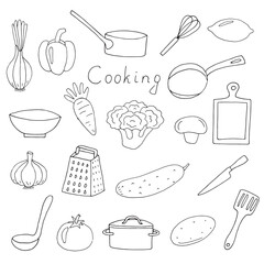 Hand Drawn Cooking Elements Set with Vegetables and Kitchen Utensils