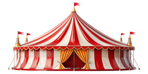 Red and white striped circus tent on white background isolated on a transparent background