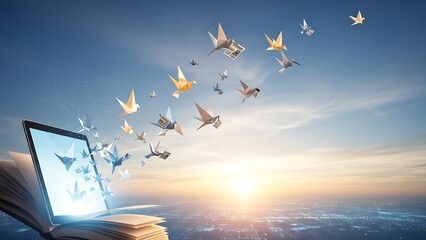 Luminous Origami Birds Flying Free from Open Book, Symbolizing Unrestricted Information and Press Freedom