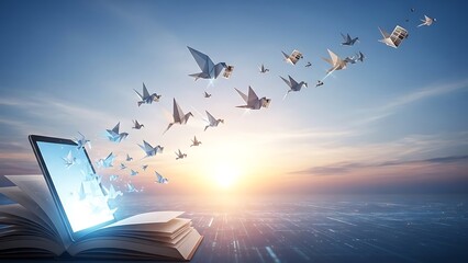 Luminous Origami Birds Flying Free from Open Book, Symbolizing Unrestricted Information and Press Freedom