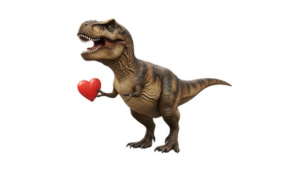 A mighty tyrannosaurus rex showing its softer side, carefully holding a vibrant red heart isolated on transparent background