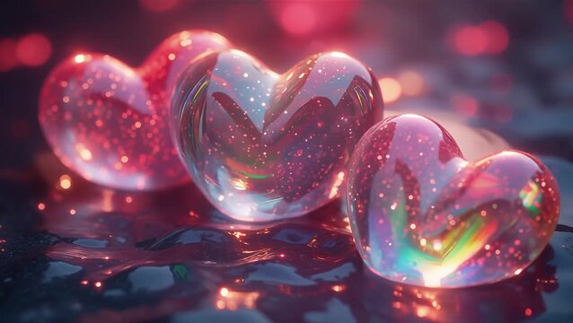 Sparkling Pink Heart Shapes Reflecting Light on a Colorful Surface