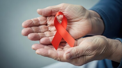 Elderly hands holding a red awareness ribbon for support