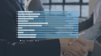 Animation of financial data processing over businessman handshake - Powered by Adobe