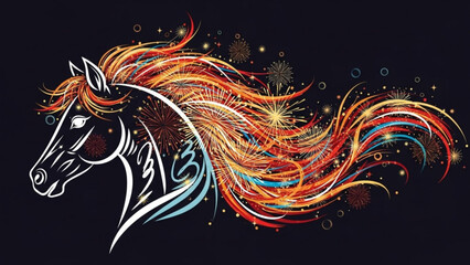 Vibrant colorful horse head with flowing mane and tail on black background symbolizing freedom and energy