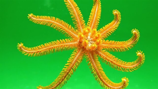 Close-up view of a vibrant yellow-orange multi-armed starfish against a bright green background in an aquarium.