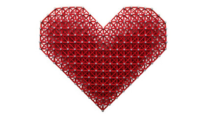 A geometric lattice heart structure in vibrant red with metallic connections symbolizing intricate love or data isolated on transparent background