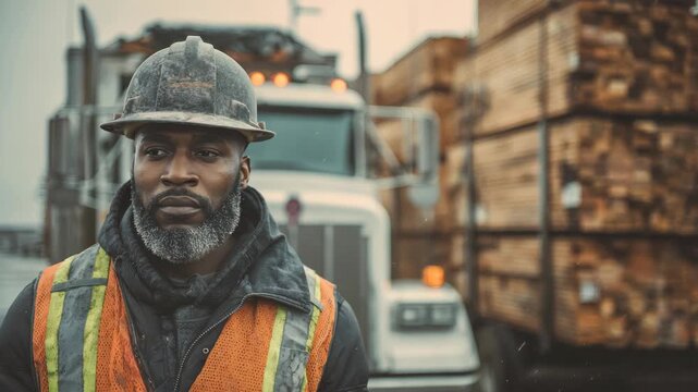 Man works at logging site while truck carries logs in background