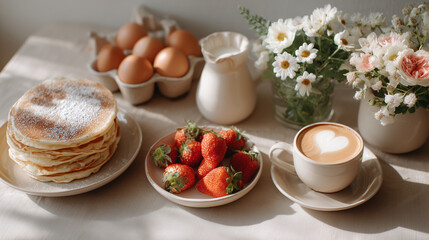 Delicious breakfast setting with pancakes, strawberries, coffee, and fresh flowers. Perfect for celebrating love and special moments.
