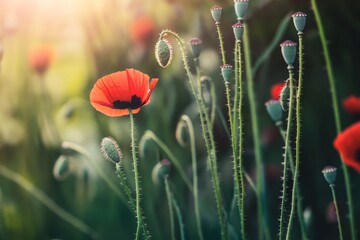 A field of poppy plants showcases vibrant red capsules and lush green stems, illuminated by soft sunlight, creating a tranquil and picturesque scene of nature's beauty