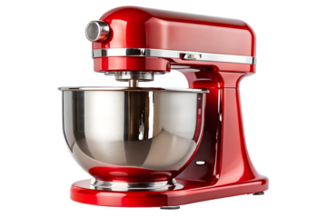 Red stand mixer with stainless steel bowl isolated on a transparent background kitchen appliance 1
