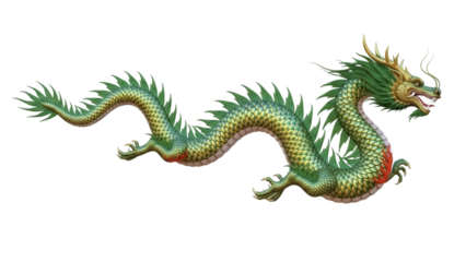 Isolated Dragon with Green Scales and Golden Mane, Fantastic Creature from Asian Folklore